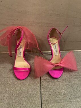 Jimmy Choo Hot Pink Satin Bow Ankle-Strap Heels